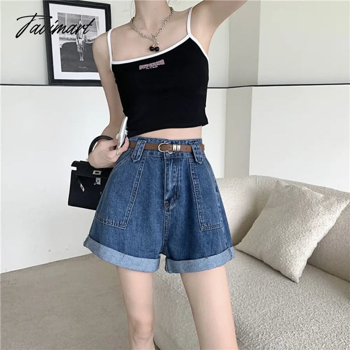 Tavimart Summer Women’s Shorts High Waist Loose - Fitting Curl Wide - Leg Denim New Slimming