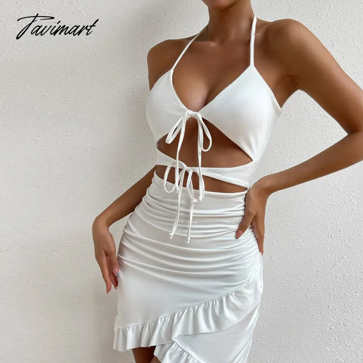 Tavimart Summer Women Sexy Hollow Out Backless Wrap Buttock Ruffled Dress Lady Fashion Hanging Neck