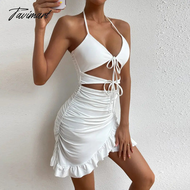 Tavimart Summer Women Sexy Hollow Out Backless Wrap Buttock Ruffled Dress Lady Fashion Hanging Neck