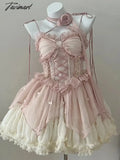 Tavimart Summer Women Sweet Pink Lolita Dress Female Ruffle High Waist prom Mini Dress Japanese Summer Girl Kawaii Party Dresses