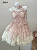 Tavimart Summer Women Sweet Pink Lolita Dress Female Ruffle High Waist Prom Mini Japanese Girl