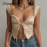 Tavimart Summer Women Tank Tops Camisole Lace Up Sleeveless Flower Print Sexy Short Crop Orange / S