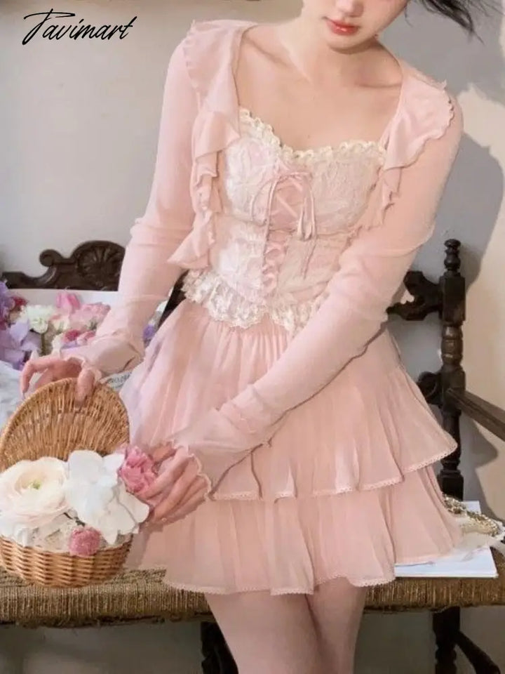 Tavimart Sweet 3 Piece Dress Set Women Kawaii Clothing Y2K Crop Top Basic High Waist Slim Skirt