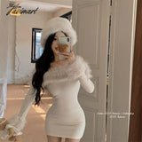 Tavimart - Sweet Girl Christmas Fur Patchwork Dress Women’s Winter Solid Color Off Shoulder Sexy