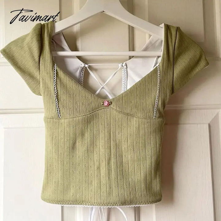 Tavimart Sweet Girl V Neck Crop Tops 00S Aesthetic Y2K Vintage Cute T - Shirt Retro Grunge Green