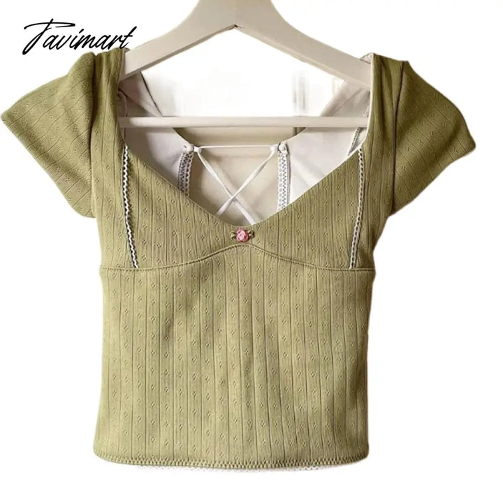 Tavimart Sweet Girl V Neck Crop Tops 00S Aesthetic Y2K Vintage Cute T - Shirt Retro Grunge Green