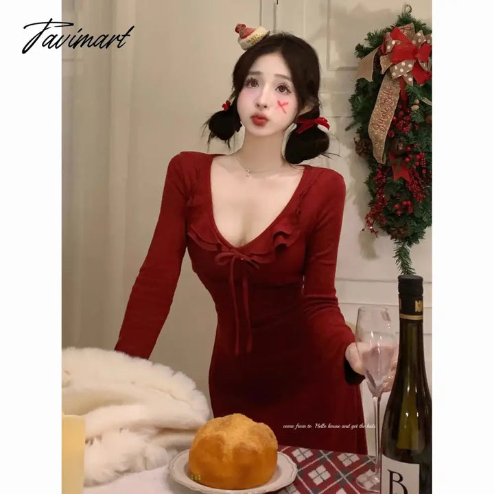 Tavimart - Sweet Hot Girl Red Ruffled Dress Women’s Autumn/Winter Long - Sleeved V - Neck Slim