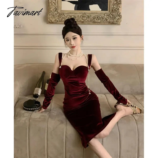 Tavimart - Sweet Hot Girl Retro Sexy Velvet Strap Dress For Women Autumn And Winter Square Collar