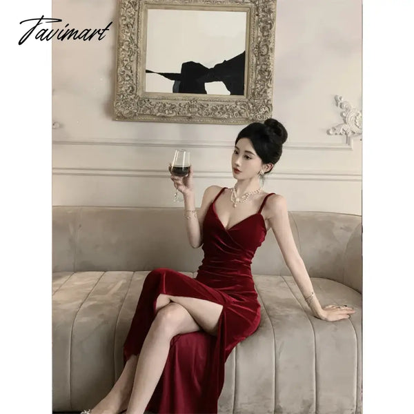 Tavimart - Sweet Hot Girl Velvet Strap Dress Women’s Autumn/Winter V - Neck Slim Fit Bottom Split