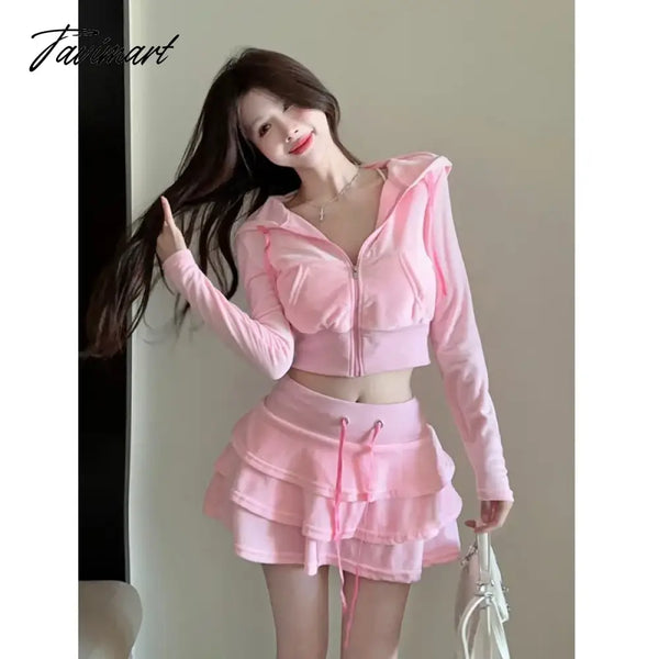 Tavimart - Sweet Hot Girl Velvet Suit Women’s Autumn/Winter Pink Zipper Hooded Long - Sleeved