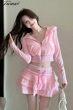 Tavimart - Sweet Hot Girl Velvet Suit Women’s Autumn/Winter Pink Zipper Hooded Long - Sleeved
