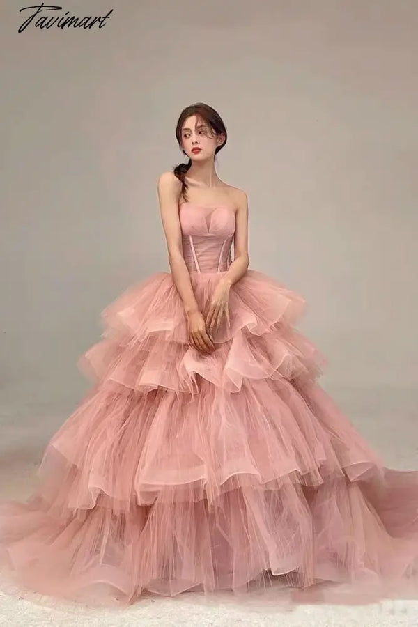 Tavimart - Sweet Pink Prom Dresses Flounce Applique Tulle Sleeveless Woman Ribbon Ball Gown