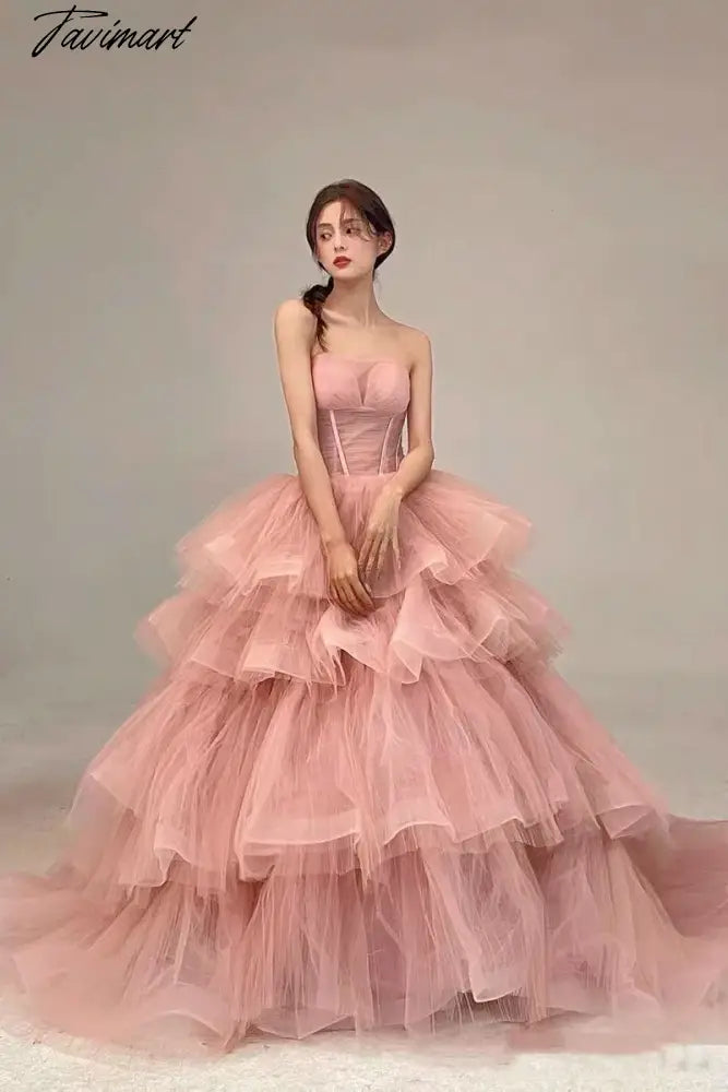 Tavimart - Sweet Pink Prom Dresses Flounce Applique Tulle Sleeveless Woman Ribbon Ball Gown