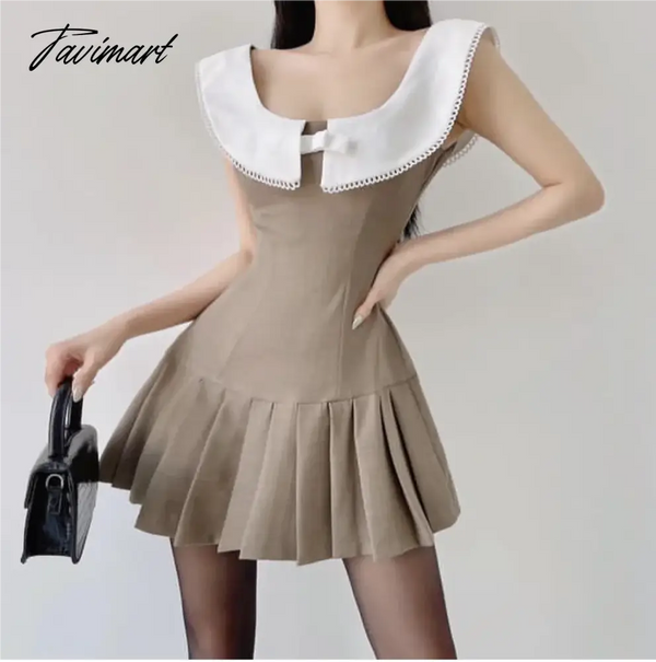 Tavimart - Sweet Summer O - Neck Turn - Down Collar Patchwork Sleeveless Folds High Waist Holiday