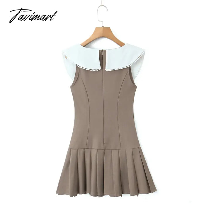 Tavimart - Sweet Summer O - Neck Turn - Down Collar Patchwork Sleeveless Folds High Waist Holiday