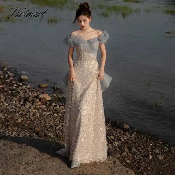 Tavimart - Temperament Celebrity Dresses Haze Blue Off Shoulder Sweetheart Sequins Beading A - Line