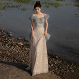 TAVIMART -  Temperament Celebrity Dresses Haze Blue Off Shoulder Sweetheart Sequins Beading A-line Trail Formal Party Prom Evening Gowns New