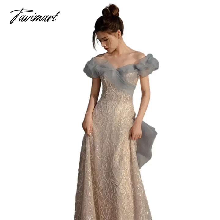 Tavimart - Temperament Celebrity Dresses Haze Blue Off Shoulder Sweetheart Sequins Beading A - Line