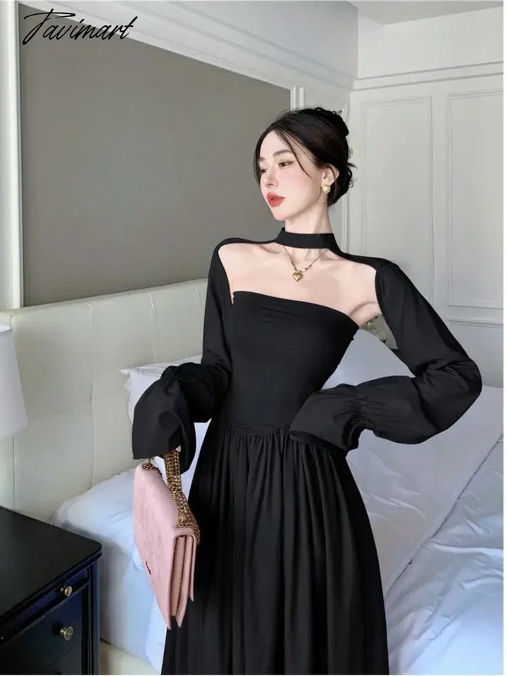 Tavimart - Temperament Princess Evening Party Dresses Women Slash Neck Long Sleeve High Waist Folds