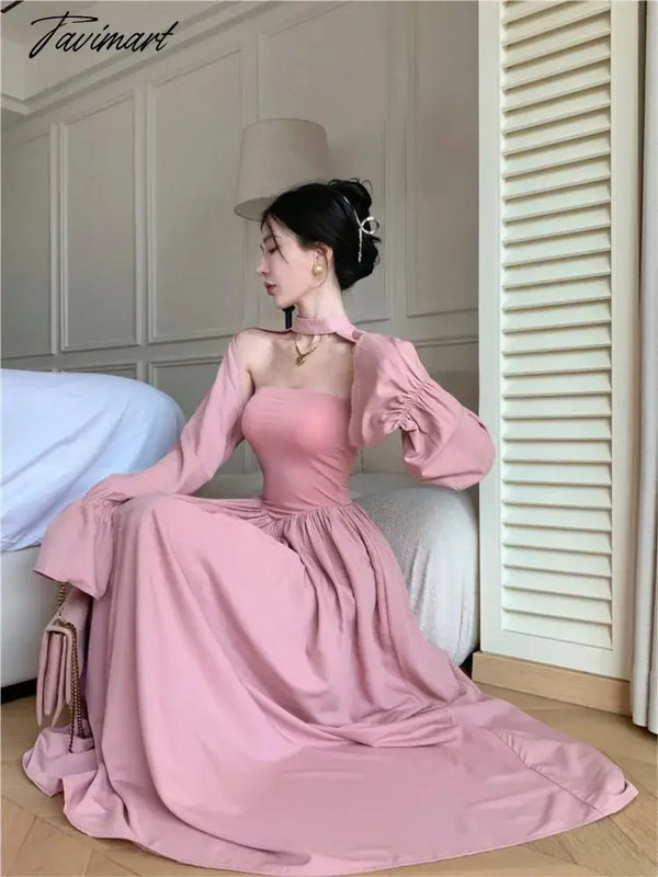 Tavimart - Temperament Princess Evening Party Dresses Women Slash Neck Long Sleeve High Waist Folds