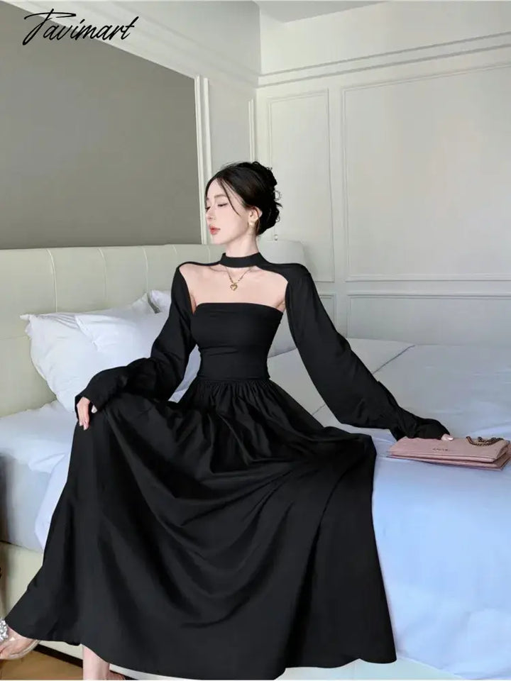 Tavimart - Temperament Princess Evening Party Dresses Women Slash Neck Long Sleeve High Waist Folds