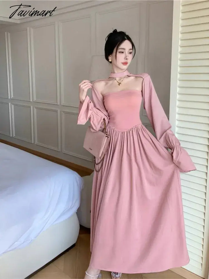 Tavimart - Temperament Princess Evening Party Dresses Women Slash Neck Long Sleeve High Waist Folds