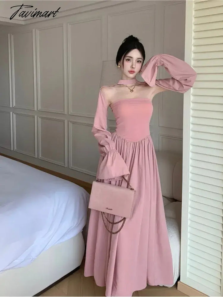 Tavimart - Temperament Princess Evening Party Dresses Women Slash Neck Long Sleeve High Waist Folds