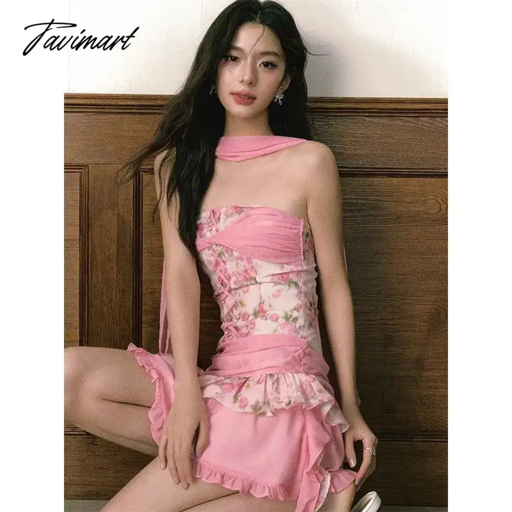 Tavimart - The Women Ensemble Consists Of A Vibrant Pink Floral Patchwork Bustier Dress Paired With