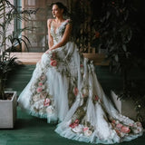 Tavimart Transparent V-neck Wedding Dress New Design Rose Collection White Dress For Bridal Open Back Long Evening Dresses Elegant Gowns