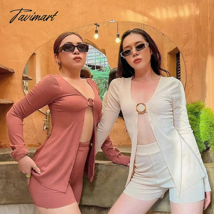 Tavimart Two Piece Set Summer Sexy Outfits Knit Long Sleeve T - Shirts And High Waist Shorts Pants