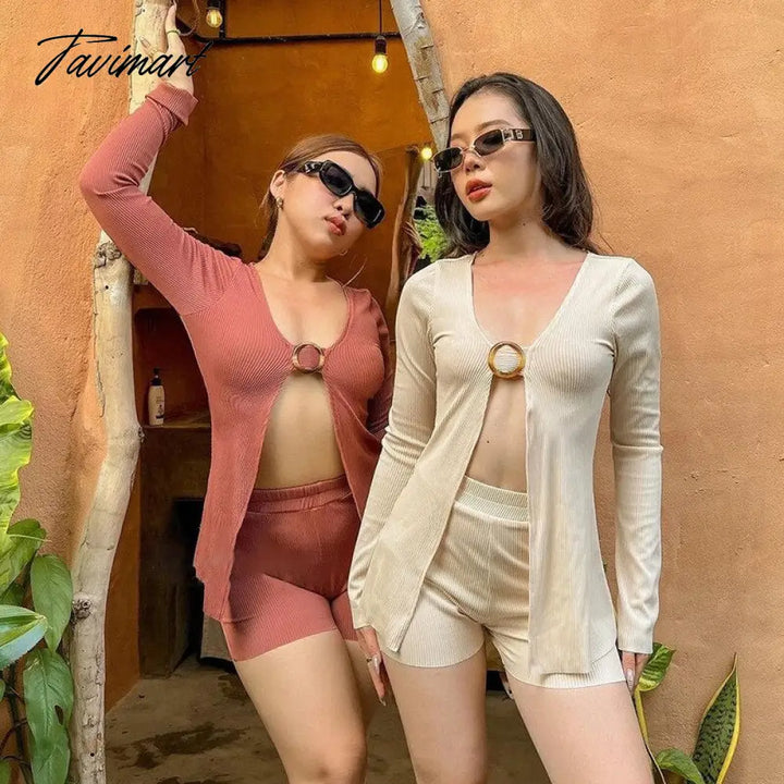 Tavimart Two Piece Set Summer Sexy Outfits Knit Long Sleeve T - Shirts And High Waist Shorts Pants