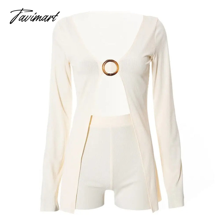 Tavimart Two Piece Set Summer Sexy Outfits Knit Long Sleeve T - Shirts And High Waist Shorts Pants