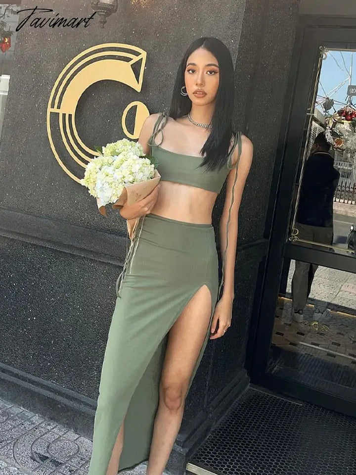 Tavimart Two Piece Women’s Summer Dress Suits Backless Short Tops Long Skirts Slit Sexy Dresses