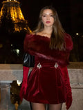 Tavimart Velvet Sleeveless Off Shoulder Slim Mini Dress For Women Elegant Red Strapless Short