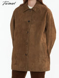 Tavimart Vintage Brown Fashion Caot Women Autum Winter Trun Down Collar Single Breasted Outwear