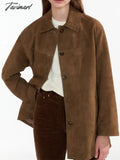 Tavimart Vintage Brown Fashion Caot Women Autum Winter Trun Down Collar Single Breasted Outwear
