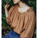 Tavimart Vintage Cotton Linen Oversized T-Shirt Ruched O-Neck Three Quarter Sleeve Harajuku Fashion Woman Blouses Female Clothing