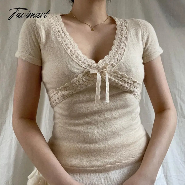 Tavimart Vintage Crop Top Y2K 2000S Cute Lace - Up Trim Knitted T - Shirt Women V Neck Short Sleeve