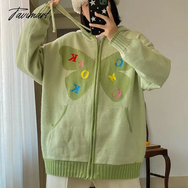 Tavimart Vintage Cute Sweater Cardigan Women Y2K Harajuku Embroidery Long Sleeve Zipper Hooded