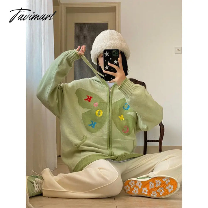 Tavimart Vintage Cute Sweater Cardigan Women Y2K Harajuku Embroidery Long Sleeve Zipper Hooded