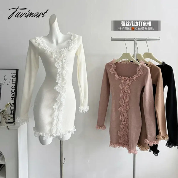 Tavimart Vintage Dress Women Black Sweet Lace Collar French Elegant Long Sleeve Autumn New Knitted