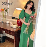 Tavimart Vintage Evening Party Midi Dresses Ladies Solid Korean Fashion Elegant Split Dress Hepburn