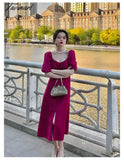 Tavimart Vintage Evening Party Midi Dresses Ladies Solid Korean Fashion Elegant Split Dress Hepburn
