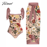 Tavimart Vintage Floral Print One-Piece Triangle Micro Bikinis Sexy Swimsuit Pink Swimwear Women With Cover Up Summer Beach Luxury