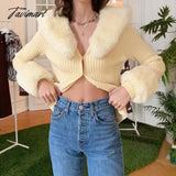 Tavimart Vintage Fur Collar Knit Cardigan Women Solid Colors Lapel Sweater Autumn Winter V Neck
