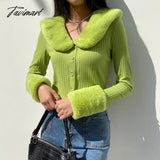 Tavimart Vintage Fur Collar Knit Cardigan Women Solid Colors Lapel Sweater Autumn Winter V Neck