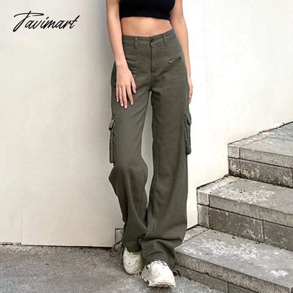 Tavimart Vintage Green Cargo Pants Jeans Slim Drawstring Lace Pockets Casual Retro Fall High Waist