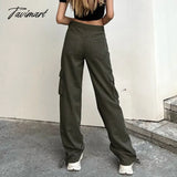 Tavimart Vintage Green Cargo Pants Jeans Slim Drawstring Lace Pockets Casual Retro Fall High Waist
