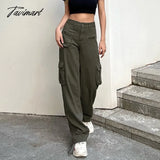 Tavimart Vintage Green Cargo Pants Jeans Slim Drawstring Lace Pockets Casual Retro Fall High Waist