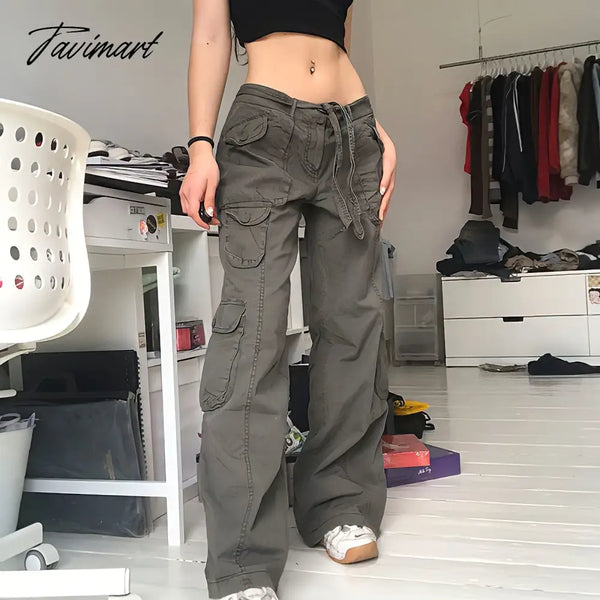 Tavimart Vintage Hippie American Street Style Gray Cargo Pants Women Fashion Jeans Black Casual